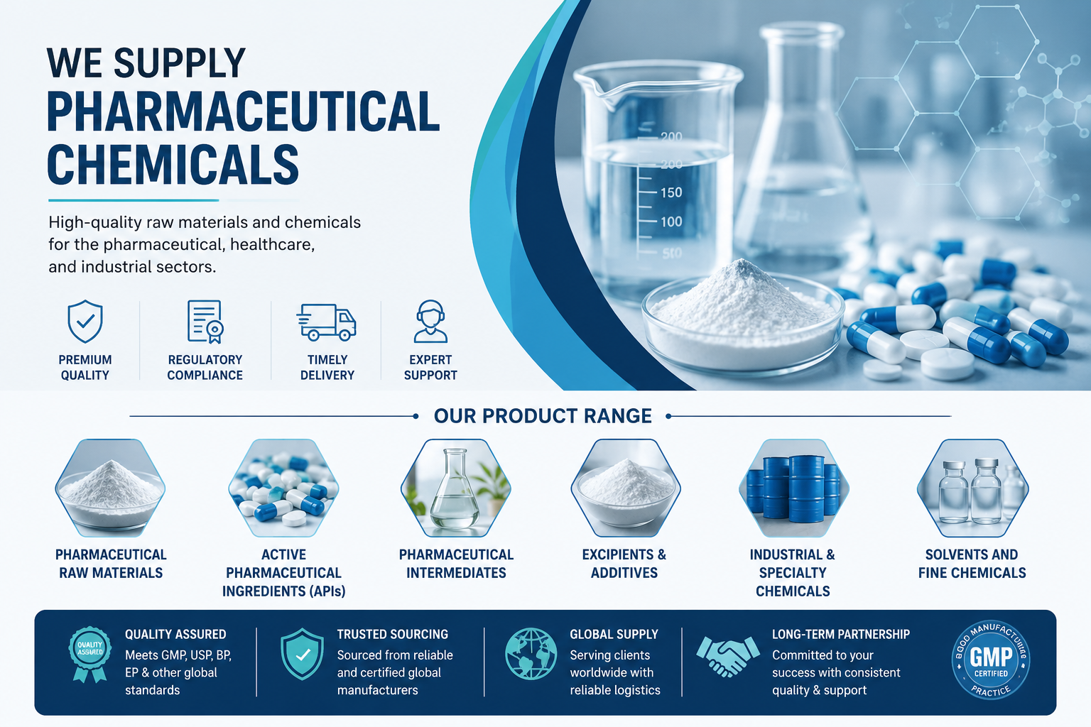PolyChem supplies high-quality pharmaceutical chemicals, APIs, intermediates, excipients, and specialty raw materials for healthcare and industrial applications. We ensure reliable quality, competitive pricing, and timely delivery while meeting international pharmaceutical standards.